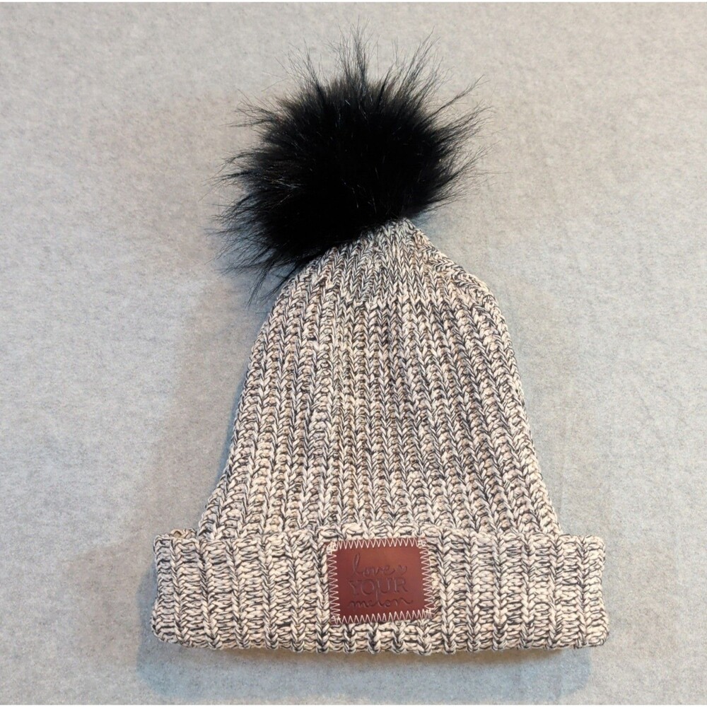 Love Your Melon Women's Gray Black Speckled Pom Beanie Hat Brown Logo One Size